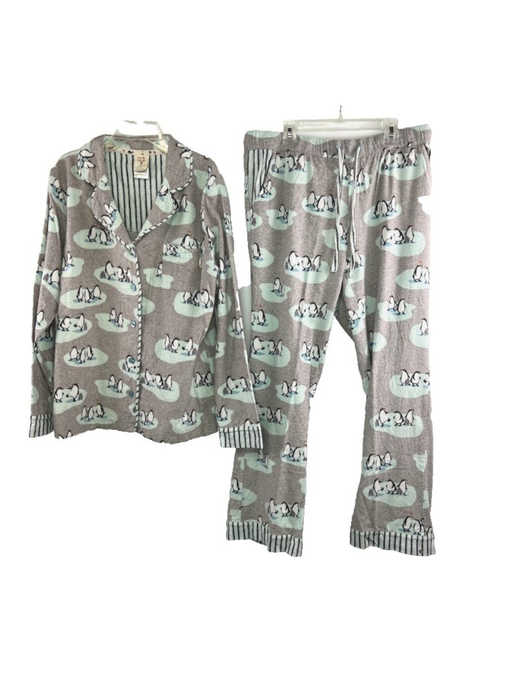 Munki Munki Sz M Womens Bamboo Soft Flannel Pajama Set Gray Mint Penguins Print